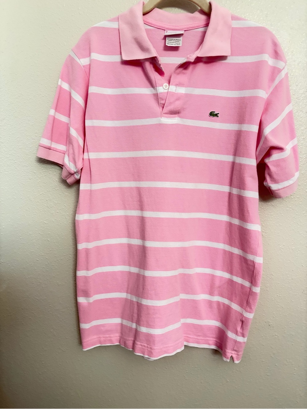 Lacoste Pink & White Striped Cotton Polo with Embroidered Crocodile
